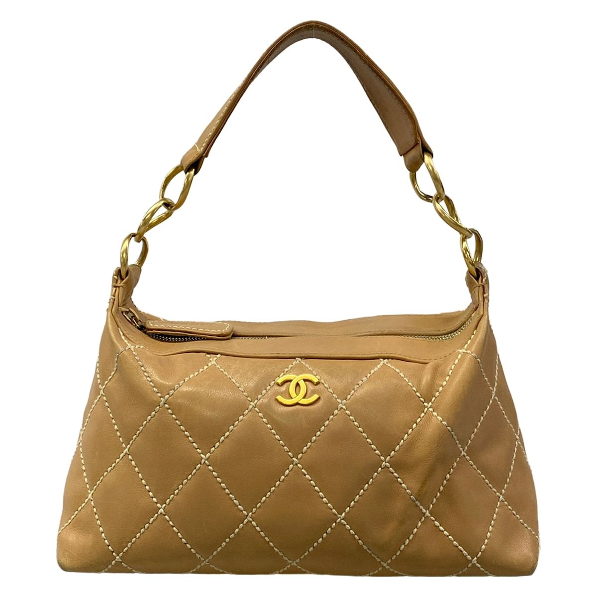 Chanel Shoulder Bag Wild Stitch Light Brown Matte Gold Leather