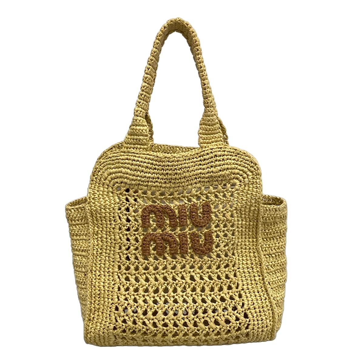 Miu Miu Tote Bag Raffia Effect Woven Beige Brown Basket