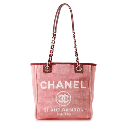Chanel Tote Bag Deauville Line PM CC Logo Canvas Leather Chain