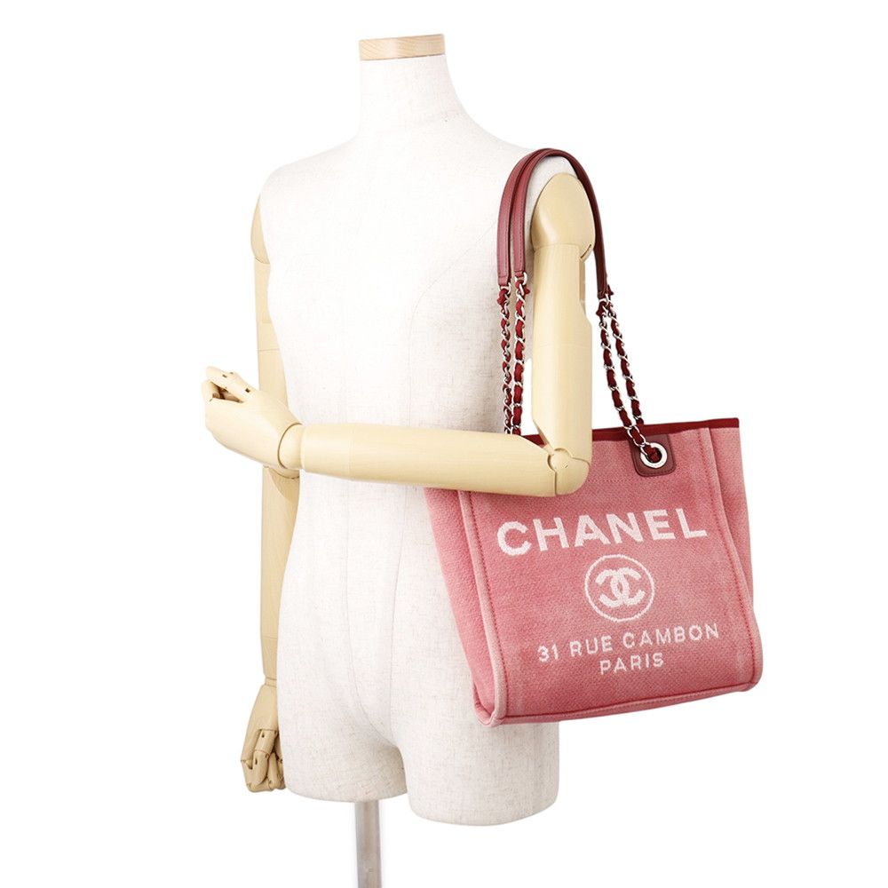 Chanel Tote Bag Deauville Line PM CC Logo Canvas Leather Chain — view 4
