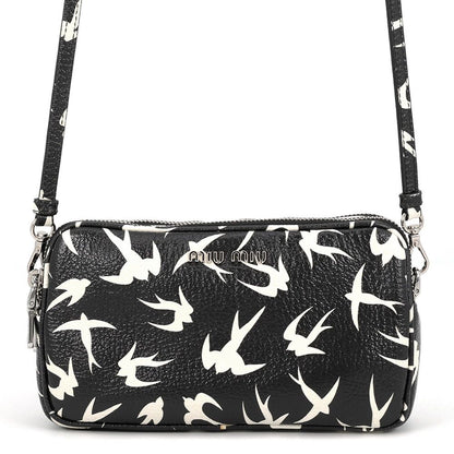 Miu Miu Shoulder Bag Swallow Print Leather Black