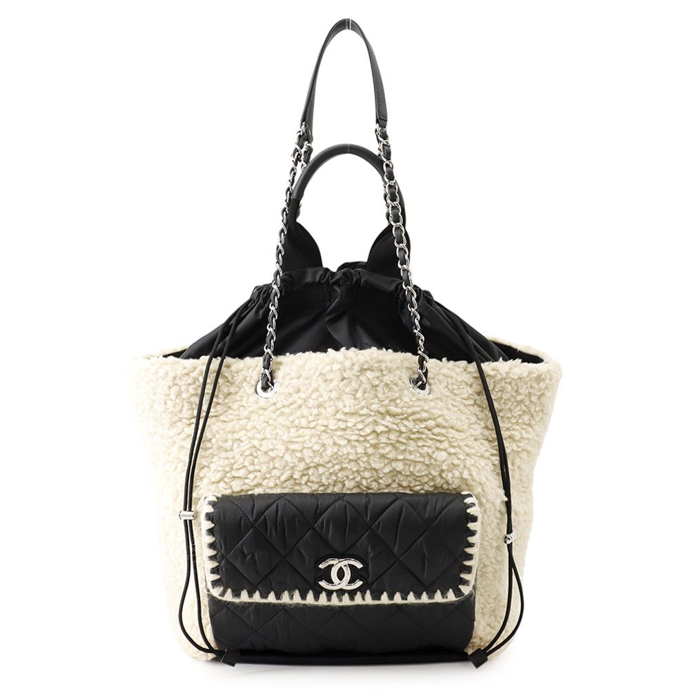 Chanel Tote Coco Neige Quilted CC Logo Fleece Drawstring Shearling Nylon 2-Way