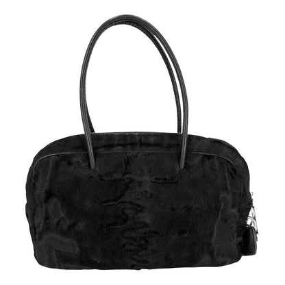 Prada Handbag Triangle Logo Faux Fur Black Silver — view 2
