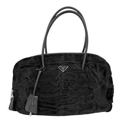Prada Handbag Triangle Logo Faux Fur Black Silver