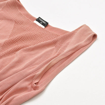 Chanel CC Logo Plate Contrast Knit Sleeveless Dress Salmon Pink Silver — view 4