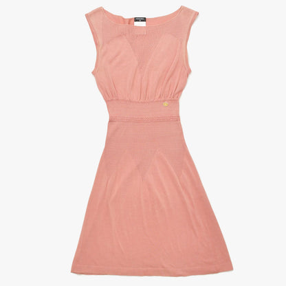 Chanel CC Logo Plate Contrast Knit Sleeveless Dress Salmon Pink Silver