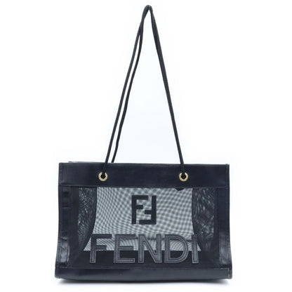 Fendi Logo Mesh Tote Bag Black Leather Gold