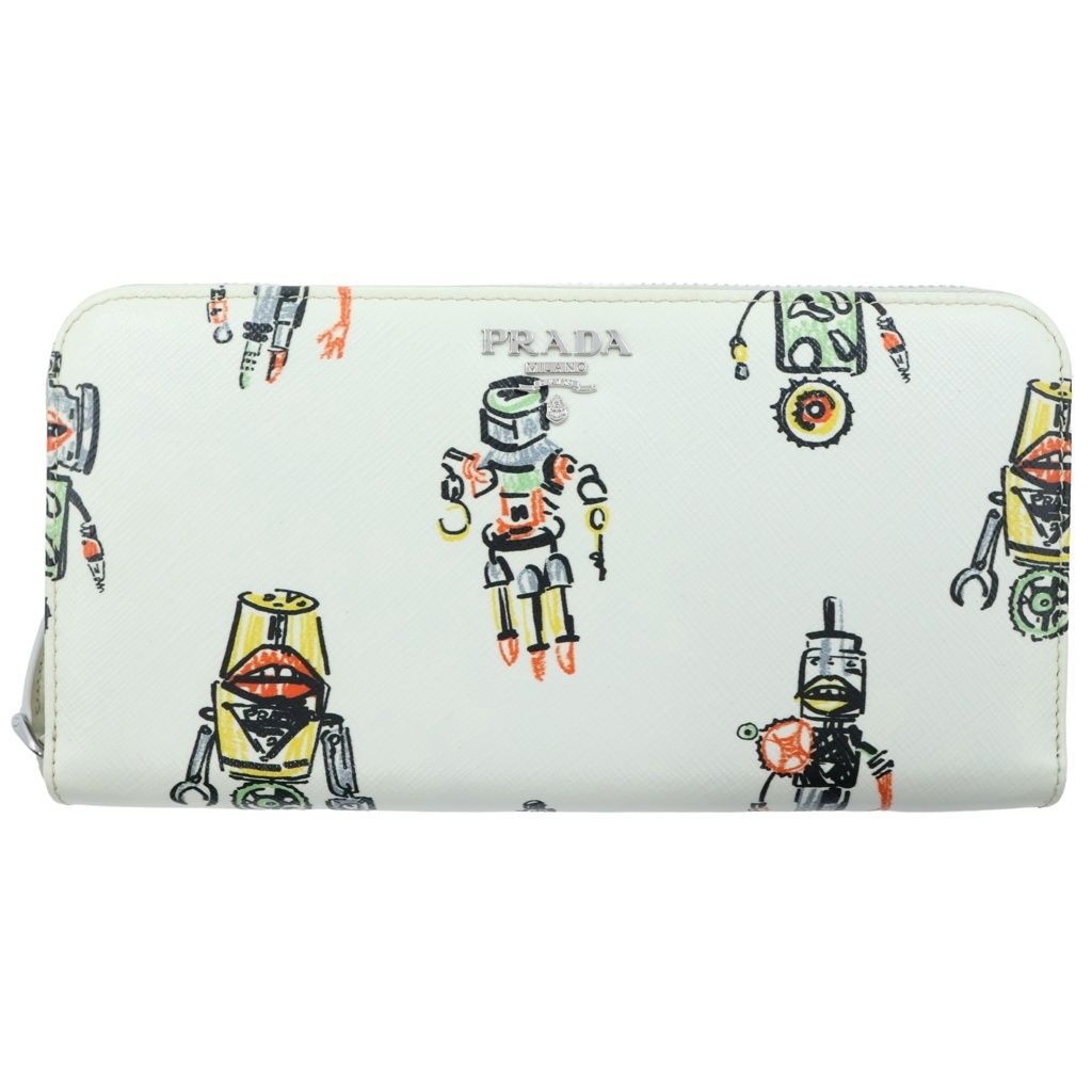 Prada Robot Print Saffiano Round Zip Wallet White Multicolor