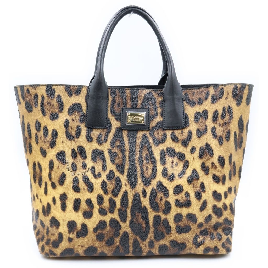 Dolce & Gabbana Leopard Print Tote Bag Leather Brown Black