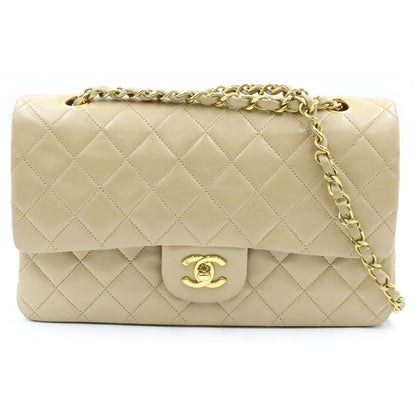 Chanel Quilted 25 Double Flap Chain Shoulder Bag Beige Lambskin Gold