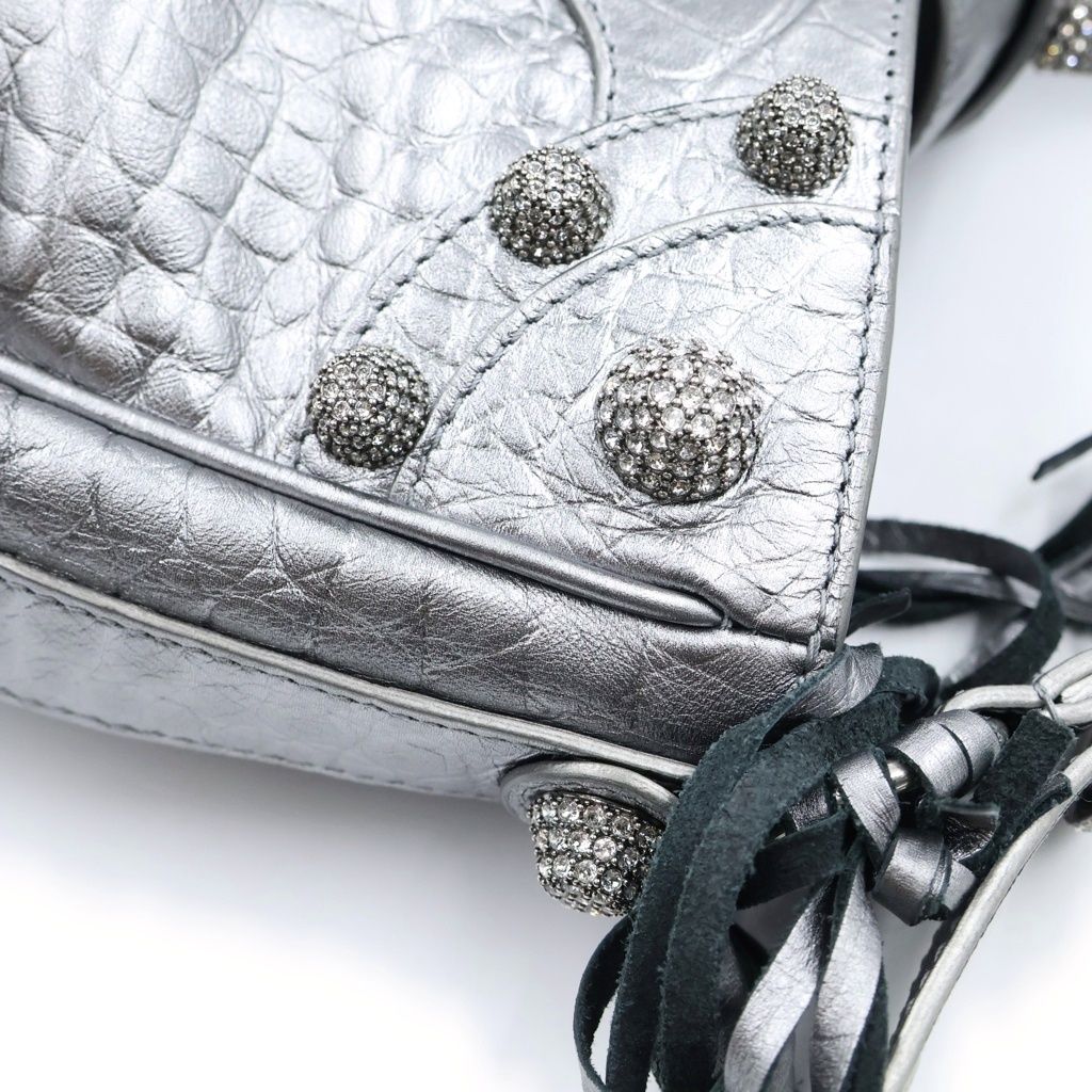 Balenciaga Neo Cagole Croco Embossed Rhinestone Decoration Handbag Silver — view 6