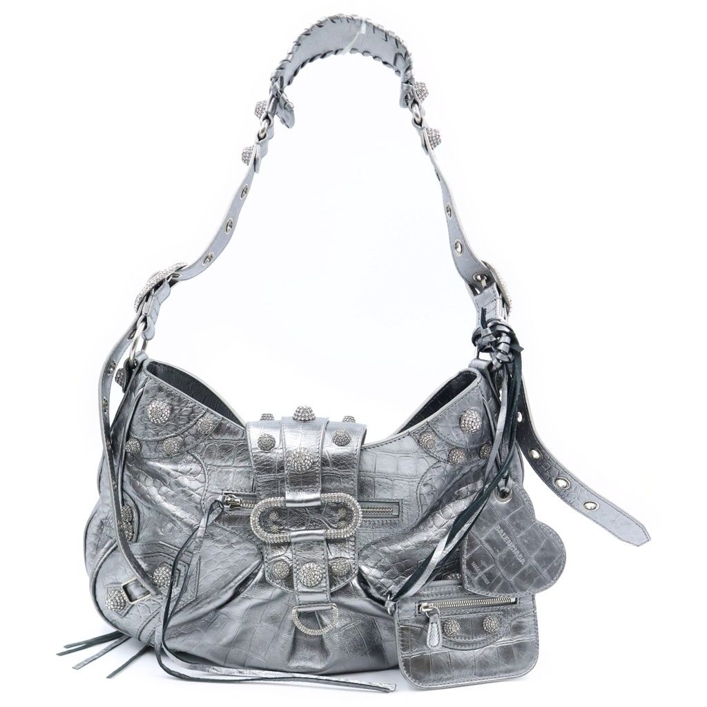 Balenciaga Neo Cagole Croco Embossed Rhinestone Decoration Handbag Silver