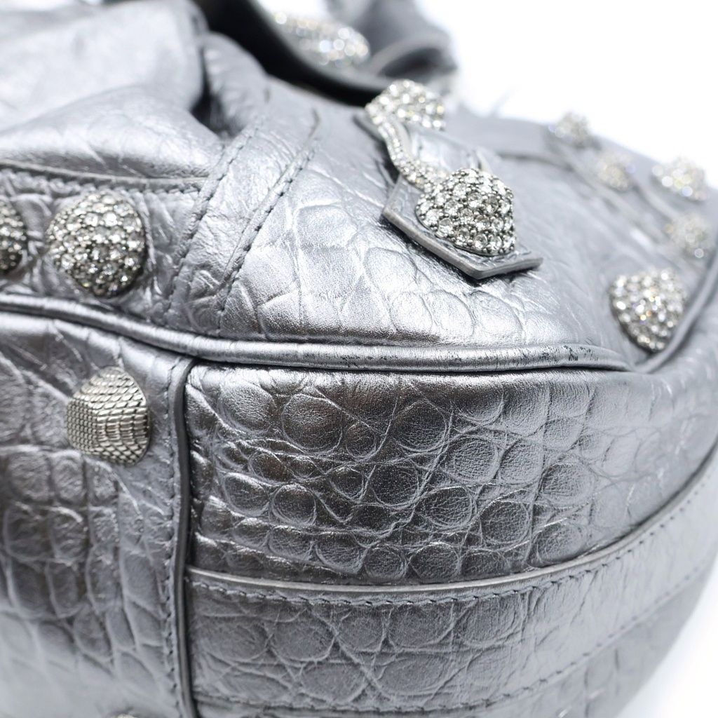 Balenciaga Neo Cagole Croco Embossed Rhinestone Decoration Handbag Silver — view 5