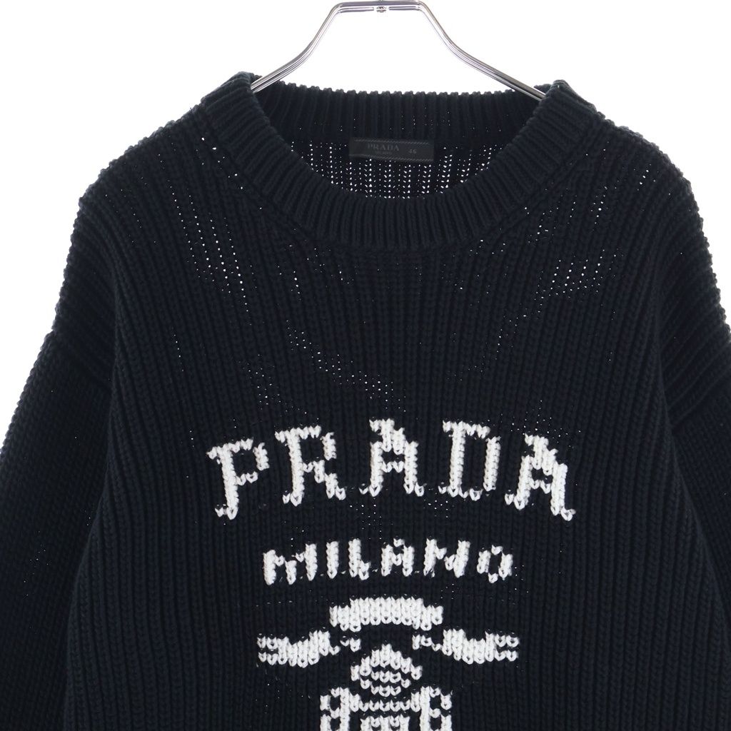 Prada Logo Cotton Crew Neck Knit Sweater Black — view 3