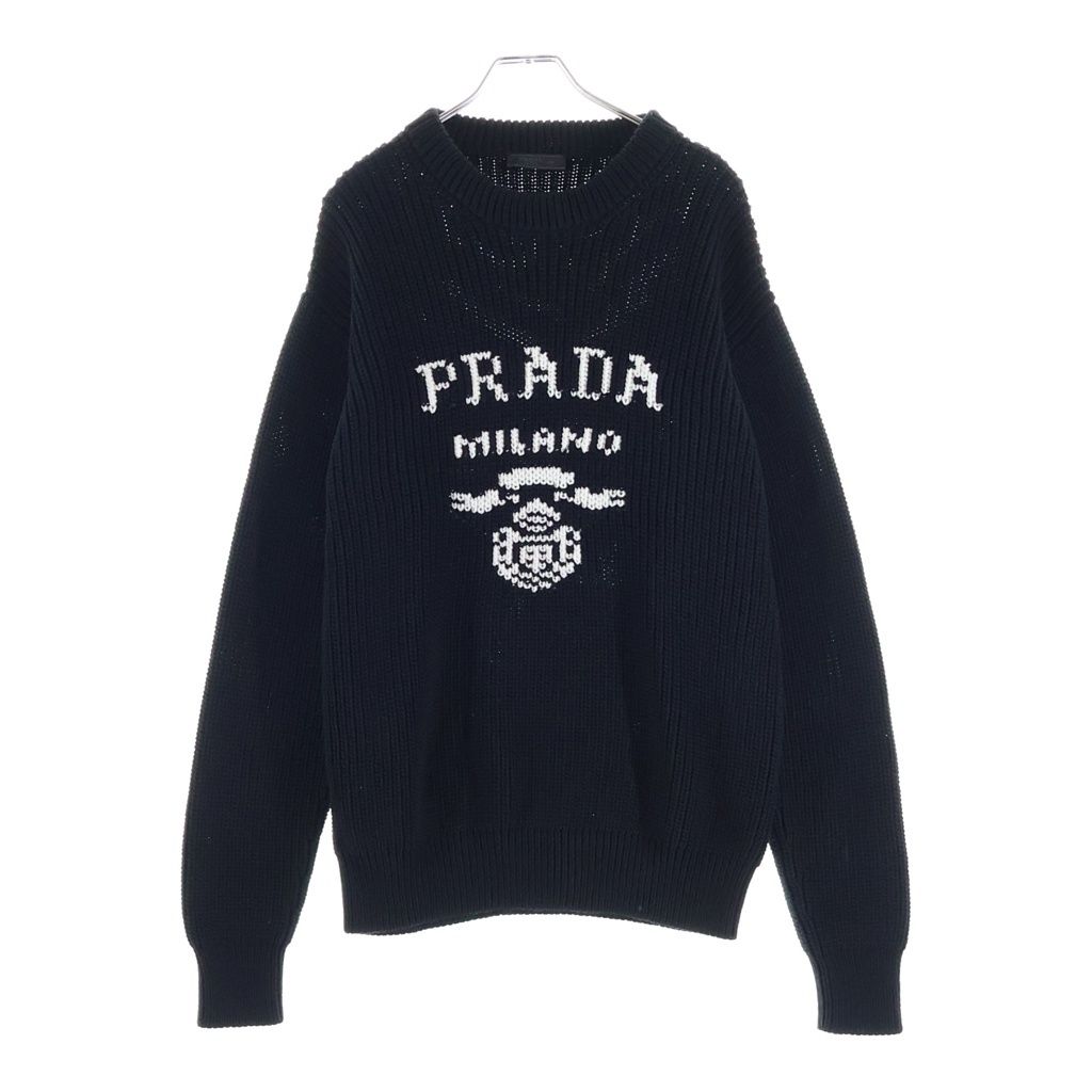 Prada Logo Cotton Crew Neck Knit Sweater Black