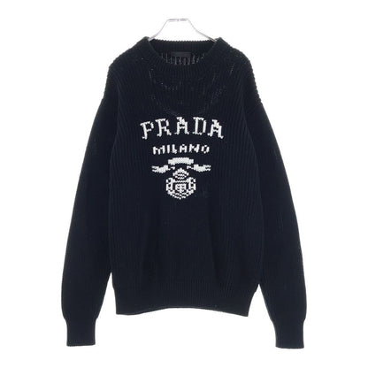 Prada Logo Cotton Crew Neck Knit Sweater Black