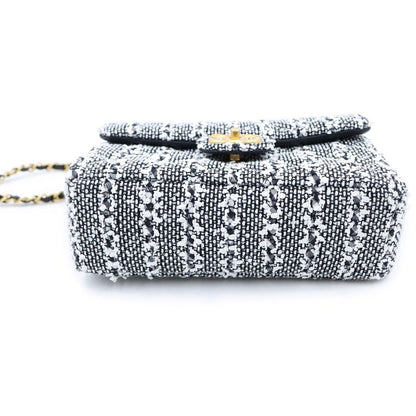 Chanel Quilted Tweed Chain Mini Shoulder Bag Pearl Handle Black White Gold — view 4