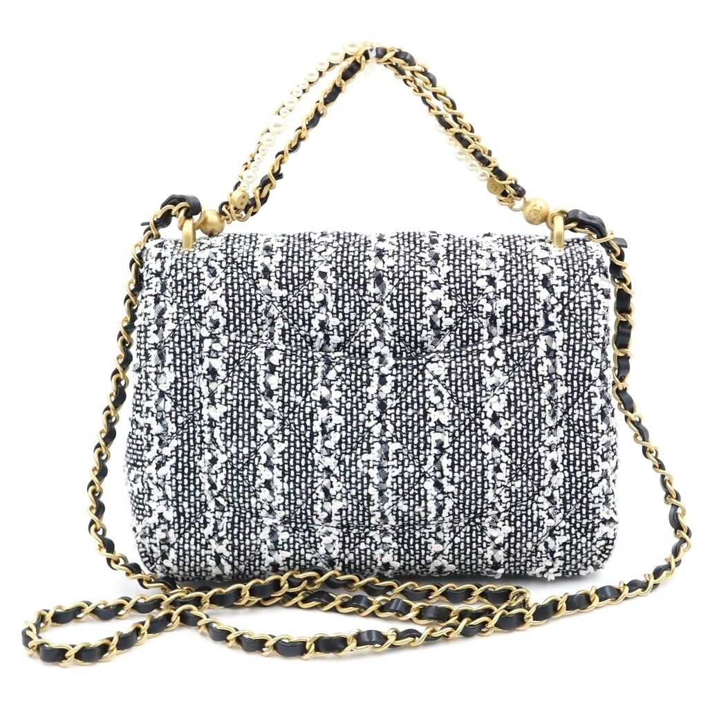 Chanel Quilted Tweed Chain Mini Shoulder Bag Pearl Handle Black White Gold — view 2