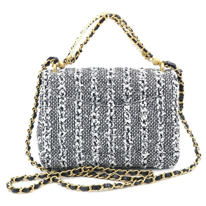 Chanel Quilted Tweed Chain Mini Shoulder Bag Pearl Handle Black White Gold — view 2