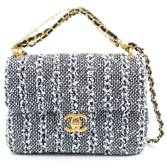 Chanel Quilted Tweed Chain Mini Shoulder Bag Pearl Handle Black White Gold