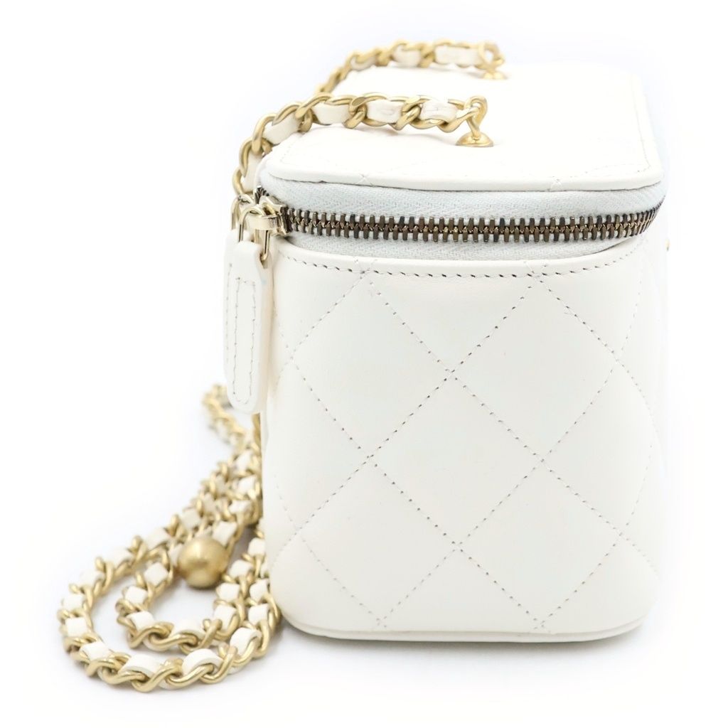 Chanel Quilted Vanity Chain Mini Shoulder Bag White Leather Gold — view 3