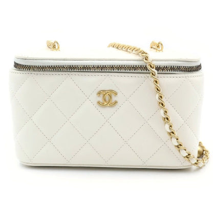 Chanel Quilted Vanity Chain Mini Shoulder Bag White Leather Gold