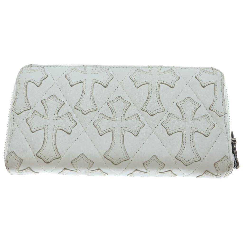 Chrome Hearts Rec Zip Quilted Wallet Cemetery Cross Leather White