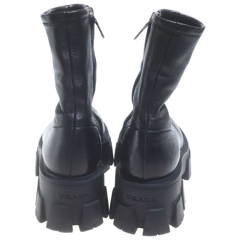Prada Monolith Stretch Nappa Leather Booties Side Zip High Cut Boots Black — view 3