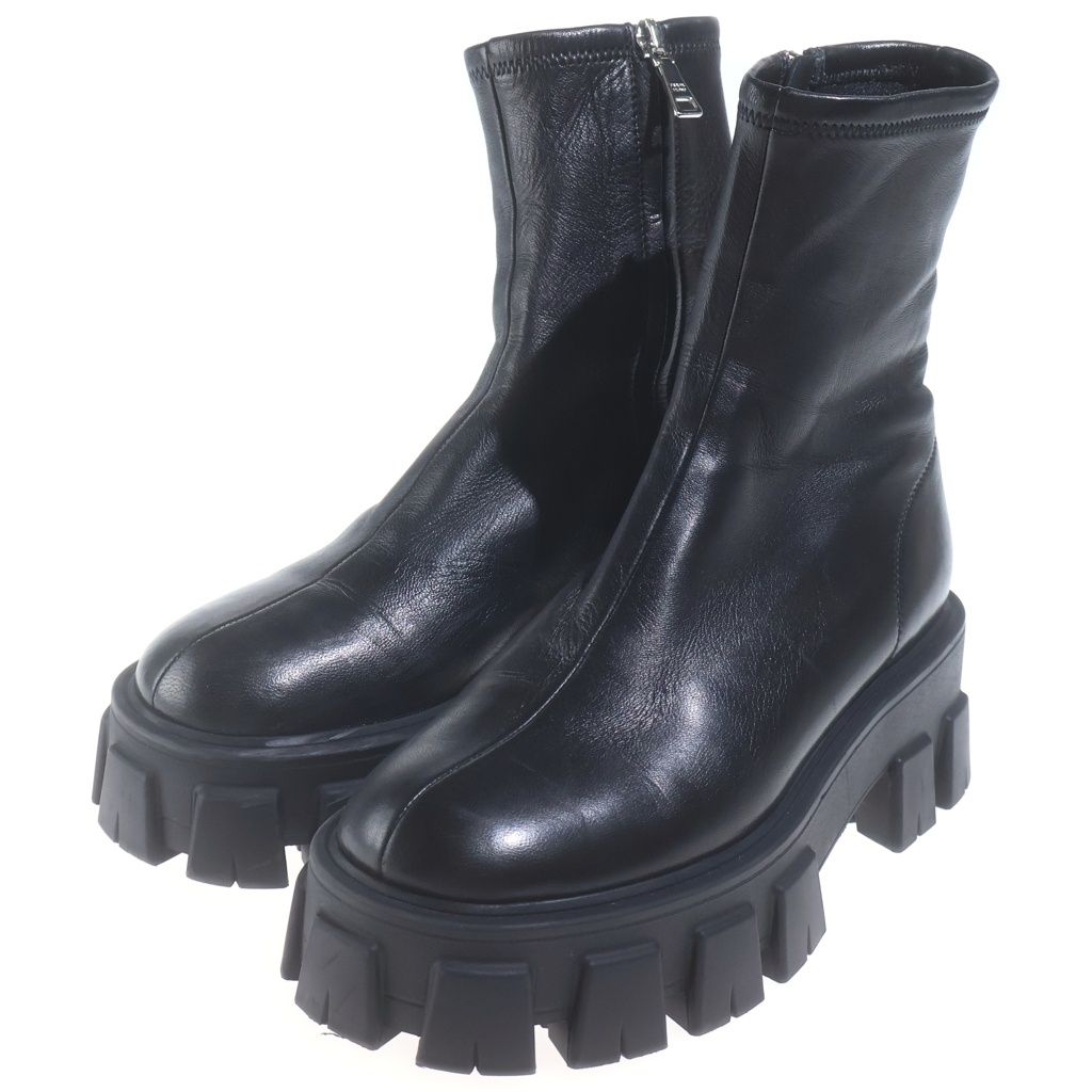 Prada Monolith Stretch Nappa Leather Booties Side Zip High Cut Boots Black — view 2