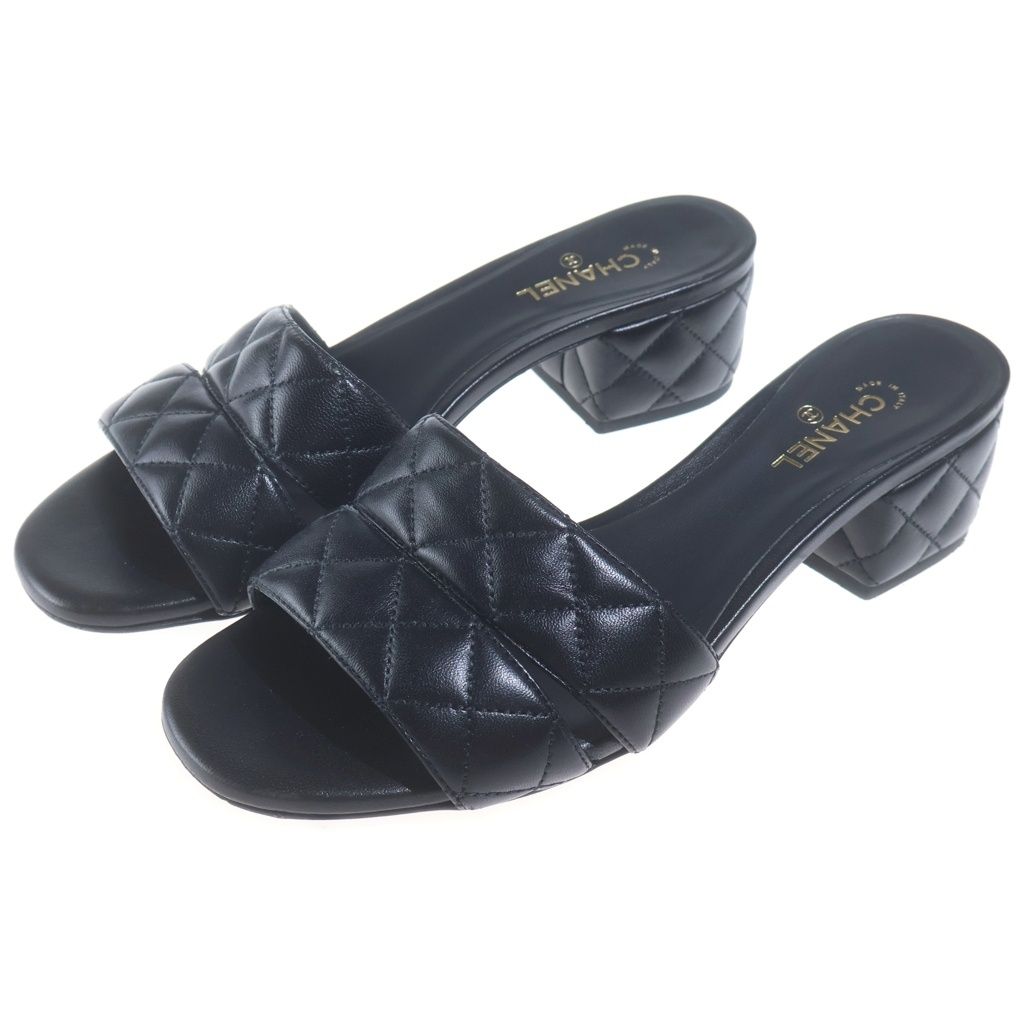 Chanel Heels CC Logo Design Quilted Sandals Black