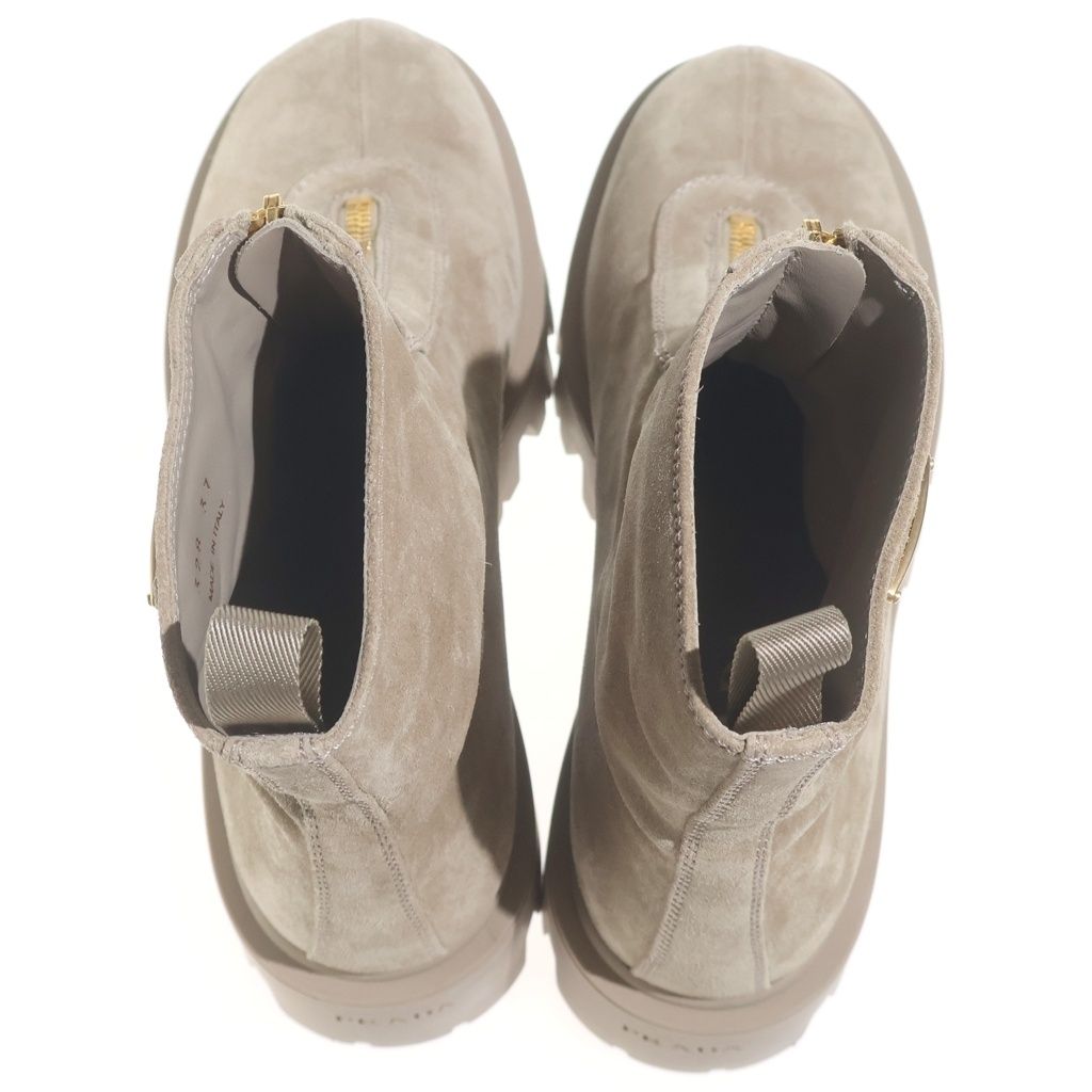 Prada Suede Zip Booties Triangle Plate Center Zip Ankle Boots Beige — view 4