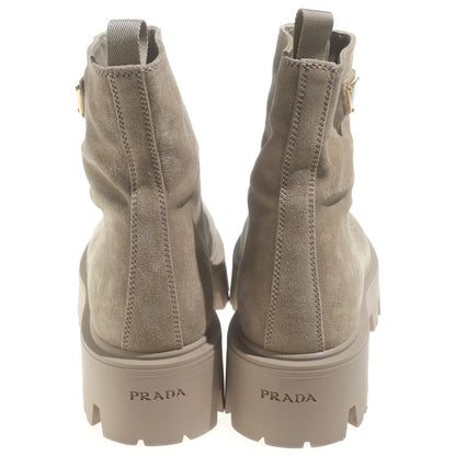 Prada Suede Zip Booties Triangle Plate Center Zip Ankle Boots Beige — view 3