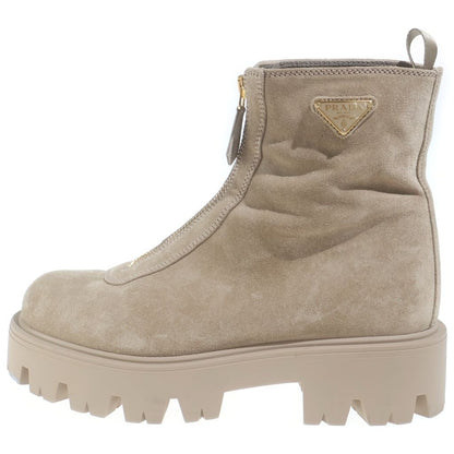 Prada Suede Zip Booties Triangle Plate Center Zip Ankle Boots Beige