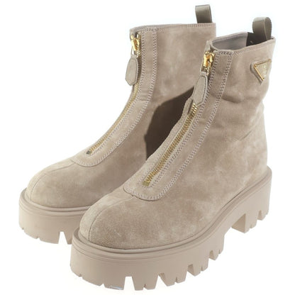 Prada Suede Zip Booties Triangle Plate Center Zip Ankle Boots Beige — view 2