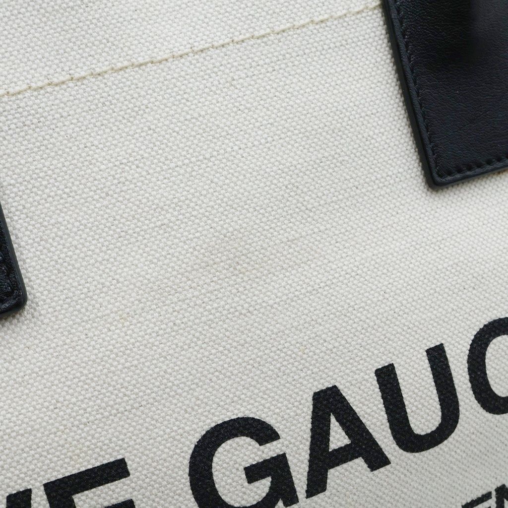 Saint Laurent Paris Rive Gauche Name Design Leather Handle Canvas Tote Bag Beige — view 7