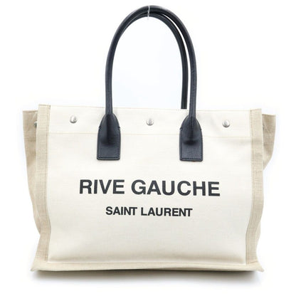Saint Laurent Paris Rive Gauche Name Design Leather Handle Canvas Tote Bag Beige