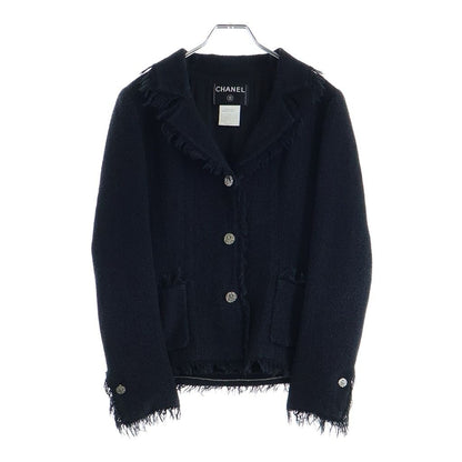 Chanel CC Logo Fringe Tweed Jacket Navy Silver