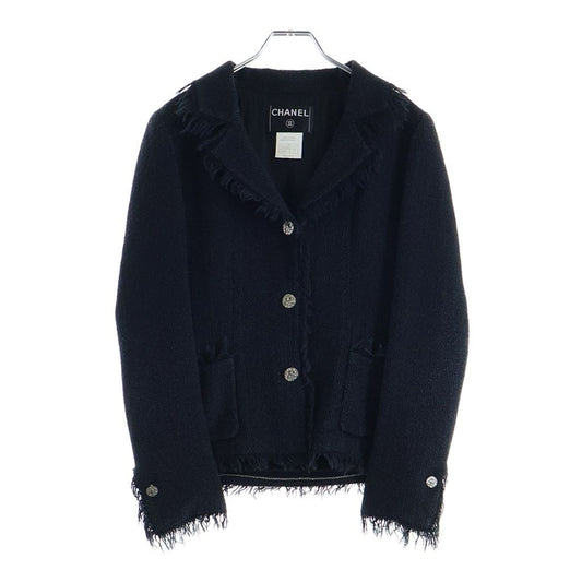 Chanel CC Logo Fringe Tweed Jacket Navy Silver