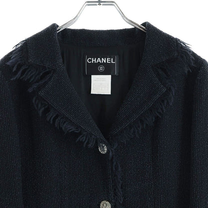 Chanel CC Logo Fringe Tweed Jacket Navy Silver — view 3