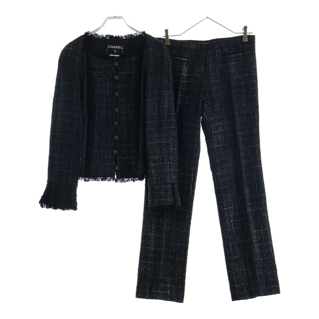 Chanel CC Logo Tweed Set Jacket Pants Black Rhinestone
