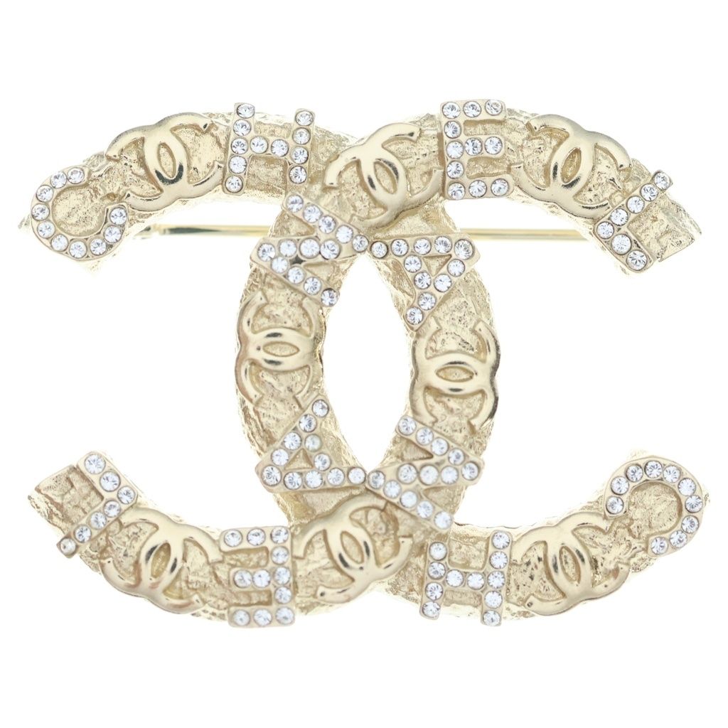Chanel Rhinestone CC Logo Pin Badge Brooch Gold