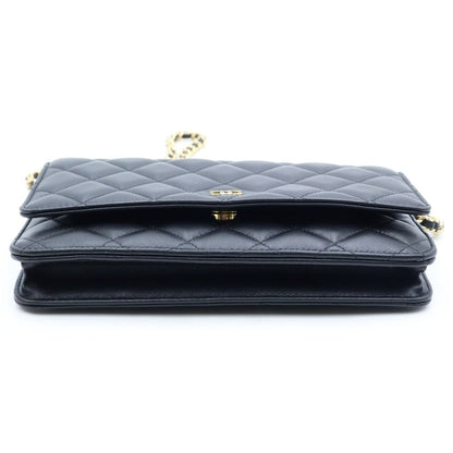 Chanel Quilted Lambskin Leather Chain Wallet Shoulder Bag Gold Black Plate — view 4