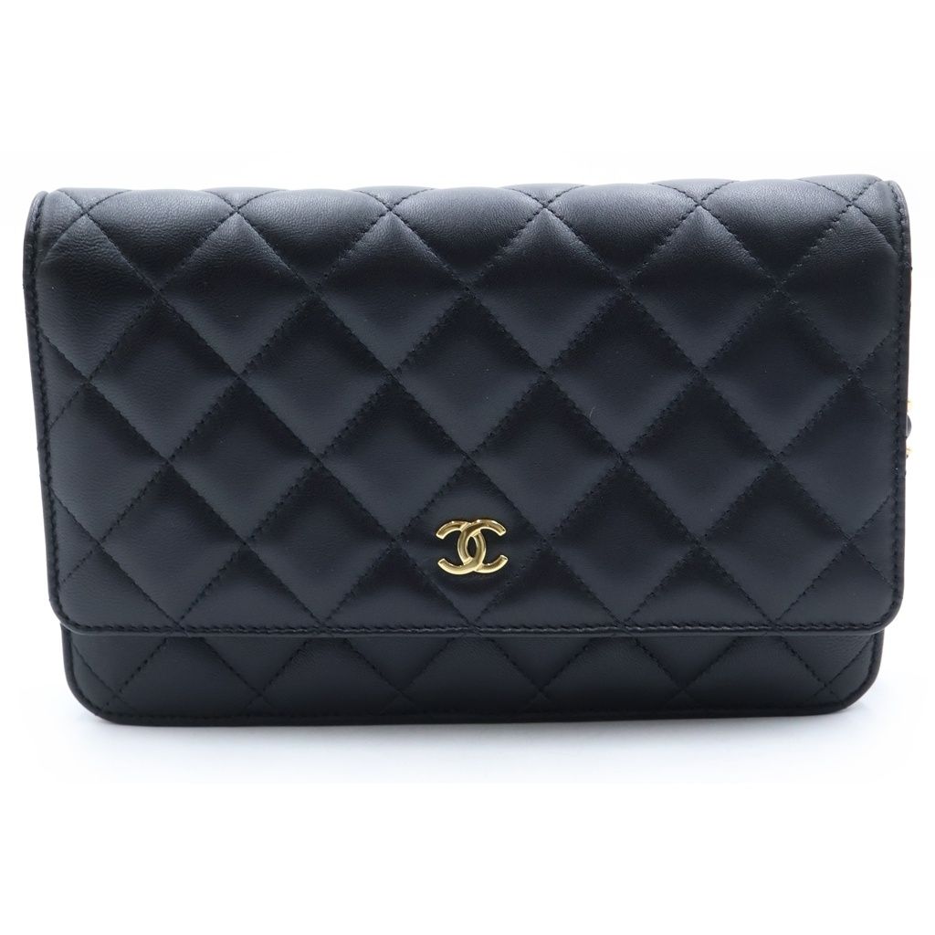 Chanel Quilted Lambskin Leather Chain Wallet Shoulder Bag Gold Black Plate