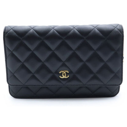 Chanel Quilted Lambskin Leather Chain Wallet Shoulder Bag Gold Black Plate