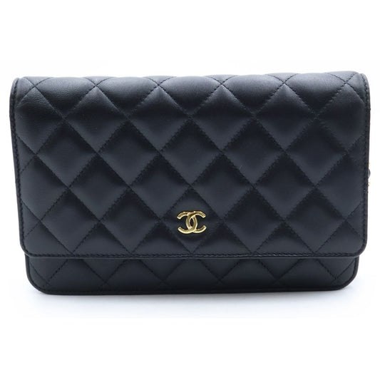 Chanel Quilted Lambskin Leather Chain Wallet Shoulder Bag Gold Black Plate