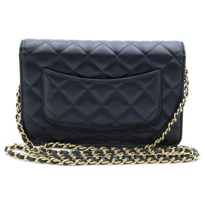 Chanel Quilted Lambskin Leather Chain Wallet Shoulder Bag Gold Black Plate — view 2