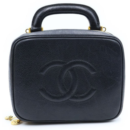 Chanel CC Logo 2-Way Vanity Bag Handbag Black Caviar Leather
