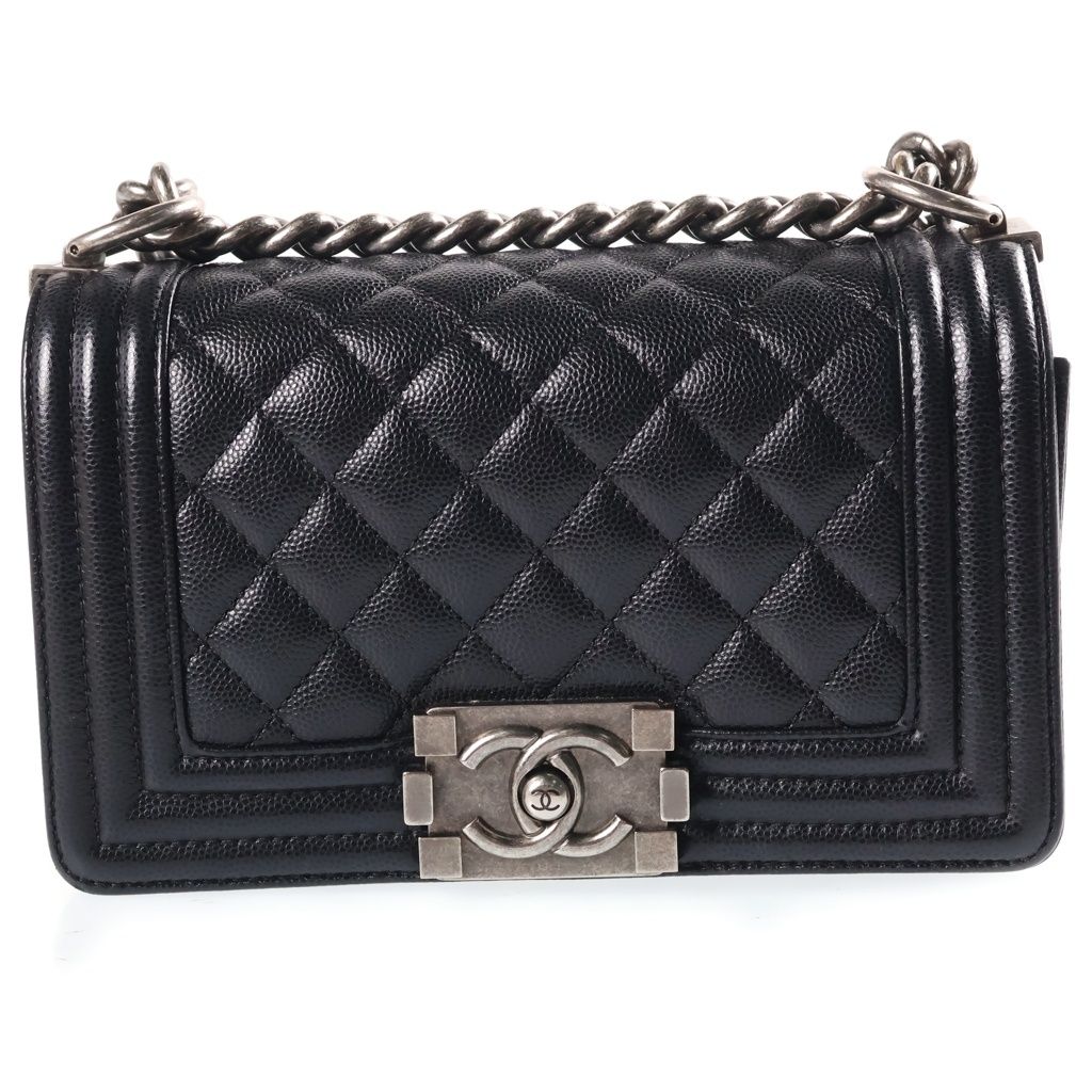 Chanel Boy 20 Small Shoulder Bag Chain Black Caviar Leather Silver
