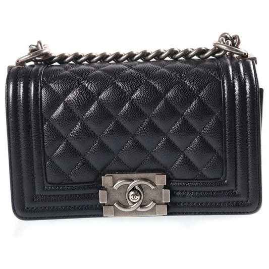 Chanel Boy 20 Small Shoulder Bag Chain Black Caviar Leather Silver