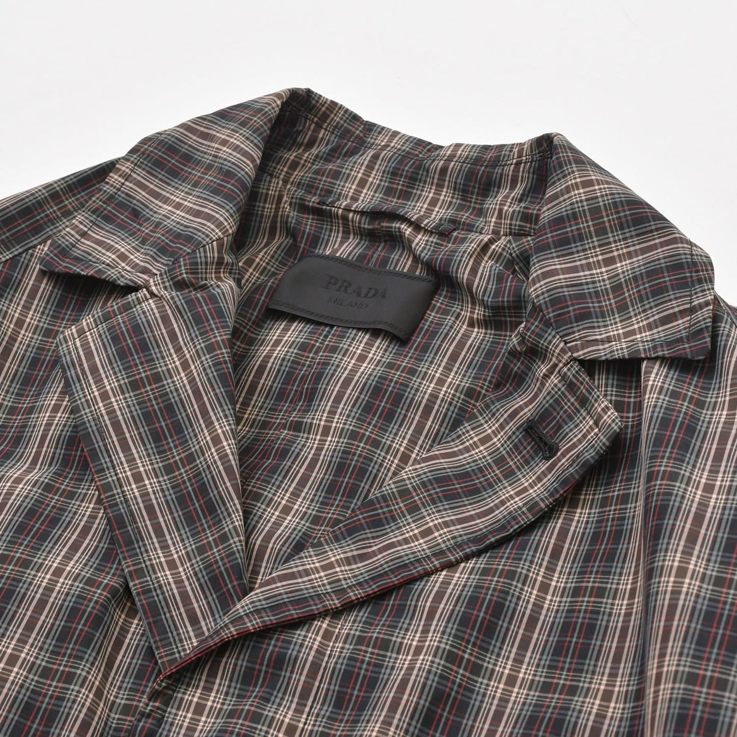 Prada Plaid Trench Shirt Coat Black Red Gray Triangle Logo — view 4